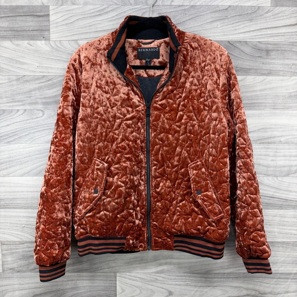 Bernardo Quilted Crush Velvet Bomber Jacket Women Medium Orange Pockets Full Zip